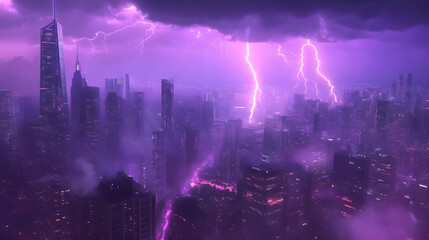 Obraz premium A lightning storm casting a purple light over a city.