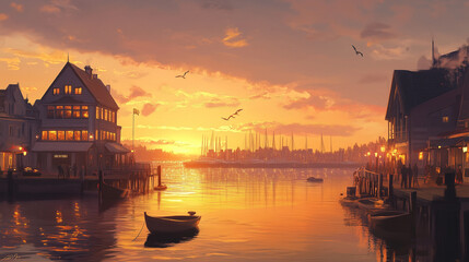 Fototapeta premium 夕焼けに染まる港の街並み｜ボートと暖かな灯りが映えるロマンチックな風景