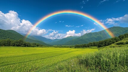 Naklejka premium Vibrant rainbow arches over lush green valley and mountain range under a bright blue sky.