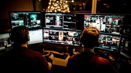 Naklejka premium Newsroom Broadcast Technicians Monitoring Multiple Screens