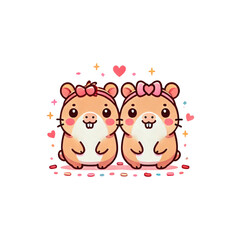 Fototapeta premium Two cute cartoon hamsters with bows, smiling happily, surrounded by hearts and sparkles.
