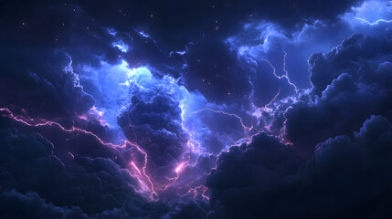 A lightning thunderstorm illuminating the night sky, representing severe weather phenomena like hurricanes and tornadoes.