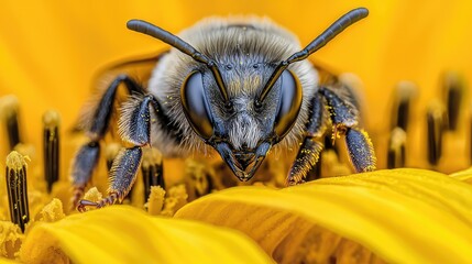 Naklejka premium Close-up of a Bee on a Bright Yellow Flower Petal in Nature
