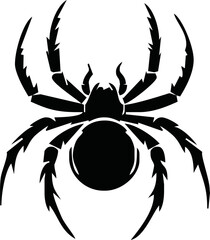 Spider Black Silhouette. Black Widow spider in vector isolated on White. Single Spider Icon or Logo. Good as a design element to Halloween Holidays.