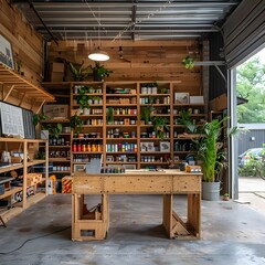 Cozy and Inviting Home Decor Store with Wooden Shelves and Green Plants