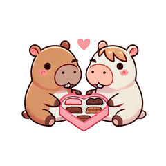 Two adorable cartoon animals share a heart-shaped box of chocolates, expressing affection with a heart above them.