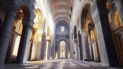 Fototapeta premium Sunlit cathedral interior, serene space