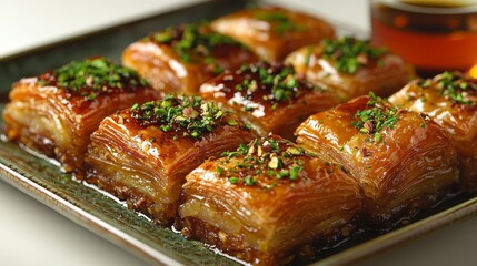 Close-up of golden-brown baklava pieces, glistening with syrup, topped with chopped pistachios, arranged on a dark green rectangular plate.