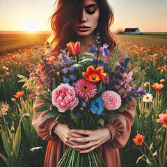 A woman holds a bouquet of flowers in a field of delicate flowers. sunset.  day March 8th.  Generated AI