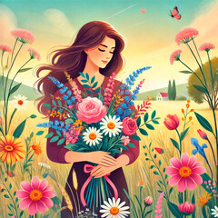 A woman holds a bouquet of flowers.   day March 8th. Women's Day. Illustration. Generated AI