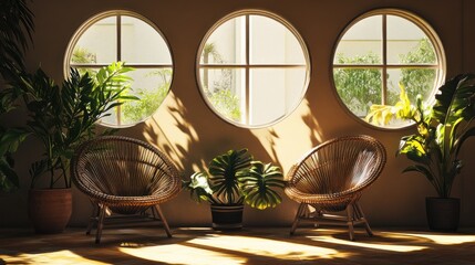 Fototapeta premium Relaxing Lounge with Sunlight streaming through circular windows