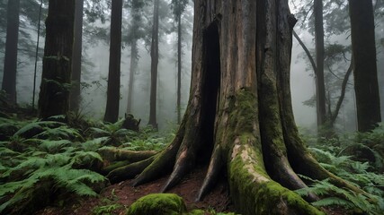 Fototapeta premium Ancient Penantia baylisiana Tree: A Resilient Symbol in a Misty Forest