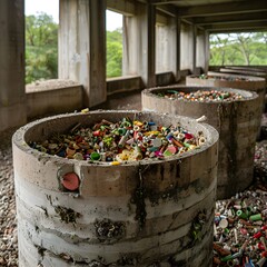 Abandoned Industrial Space Filled with Colorful Plastic Waste and Debris