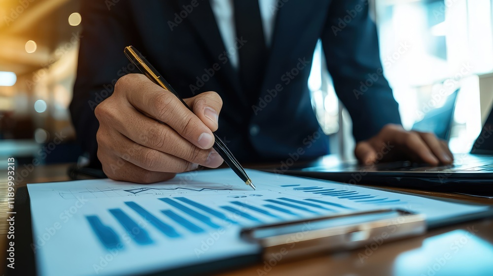 Poster businessman analyzing data and making notes on financial reports