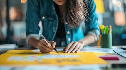 Fototapeta premium Creative Woman Drawing with Pen on Yellow Paper in Bright Workspace