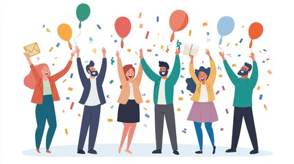 Celebration of Joyful People with Balloons and Confetti in the Air