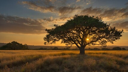 Fototapeta premium Autumn Landscape Featuring Penantia baylisiana Tree and Golden Sunset