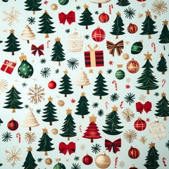 Festive Christmas Pattern  Trees  Ornaments  Gifts  Background