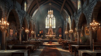 Fototapeta premium Ancient church interior, serene light