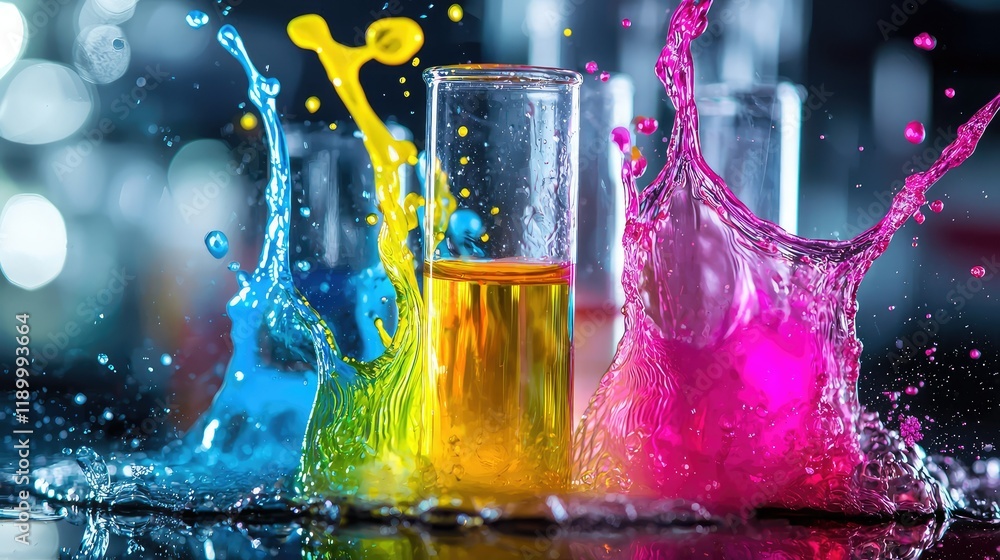 Poster colorful liquid splashes in laboratory test tubes with bokeh effect