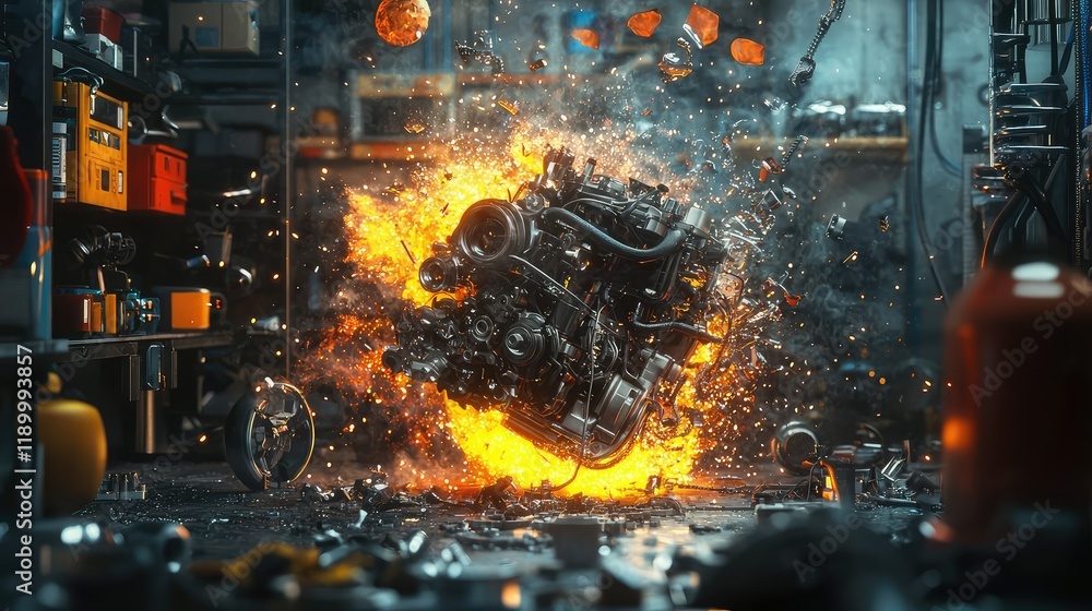 Aufkleber explosive engine disassembly in mechanics workshop with sparks