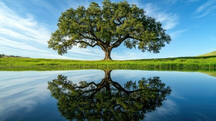 Majestic Oak Tree Reflected in Calm Water Under Blue Sky