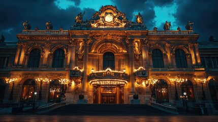 Fototapeta premium Majestic Historic Theater Building Illuminated at Dusk