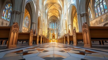 Fototapeta premium Grand cathedral interior, sunlight streams in