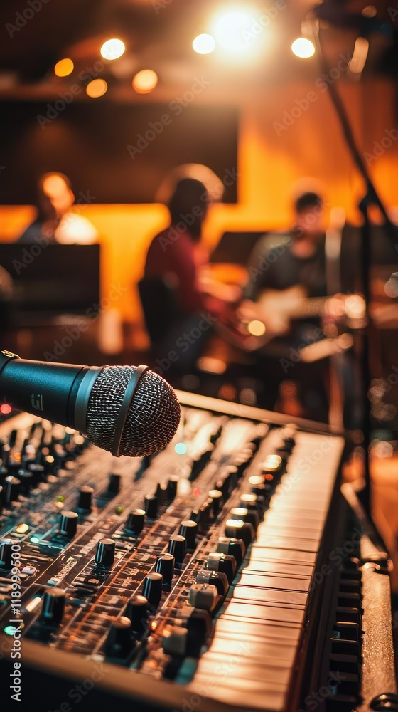 Poster microphone and mixing console with musicians in recording studio