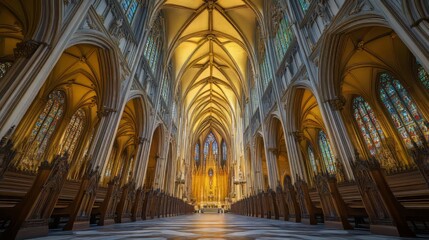 Obraz premium Grand cathedral interior, sunlight streams in