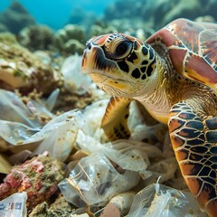 Fototapeta premium Sea turtle swimming in coral reef with plastic pollution and colorful corals