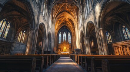 Fototapeta premium Grand church interior, sunlight beams