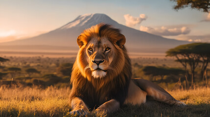A lion's portrait against the savanna with Mount Kilimanjaro at sunset during a safari.