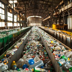 Plastic Waste Management in Recycling Facility with Bottles and Containers