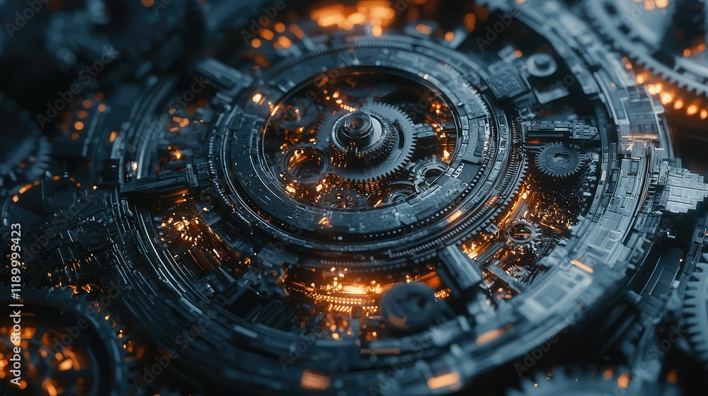 Poster intricate gears and mechanisms with glowing lights in dark background