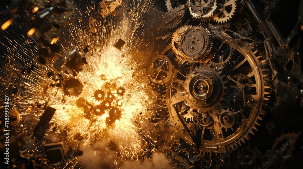 Poster explosive mechanism with gears and cogs in dynamic action scene