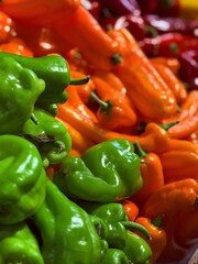 Vibrant green and orange peppers are piled together, showcasing their fresh and juicy appearance. Ideal for illustrating themes of healthy eating, organic produce, and grocery shopping.