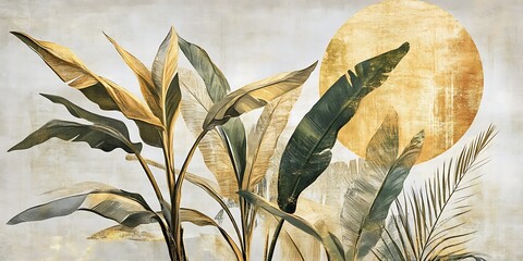 Tropical leaves sunset decor, gold tones, nature background