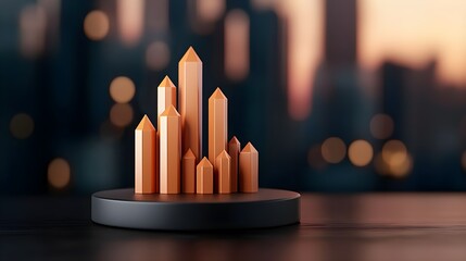 Abstract 3D Business Graph with Crystal Shapes on Dark Surface at Sunset