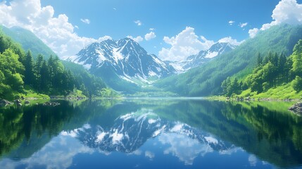 Fototapeta premium Stunning mountain lake reflecting a clear blue sky and lush green landscape.