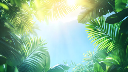 Sunlit blue sky under tropical palm trees