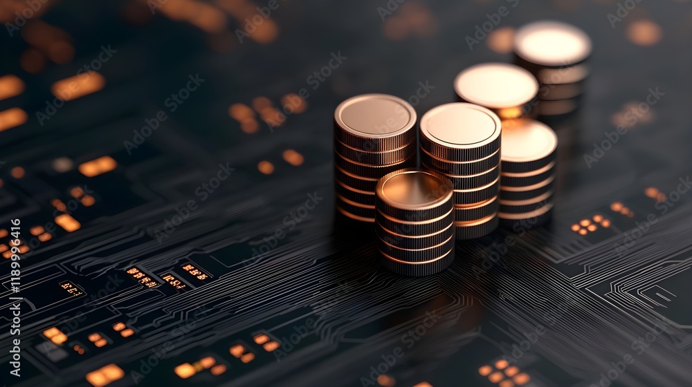 Poster stacks of coins on a digital circuit board background with glowing lights