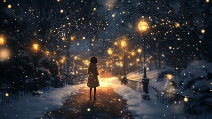 Obraz premium A young woman in a cozy coat walks through a snow-covered, illuminated park at night.