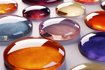 抽象バナー。透明感のあるガラス風のオレンジ・紫・茶色の水玉柄