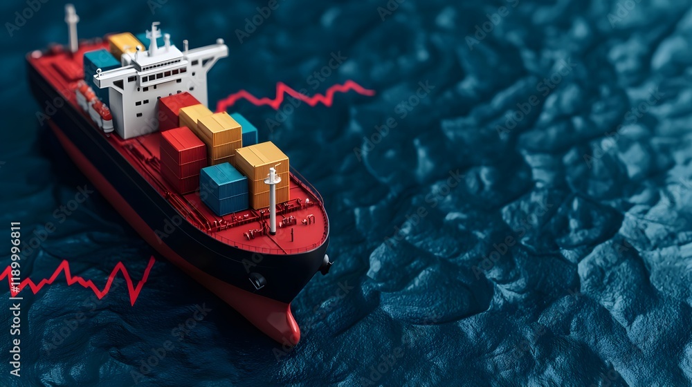 Poster cargo ship on water surface with colorful containers and waves pattern