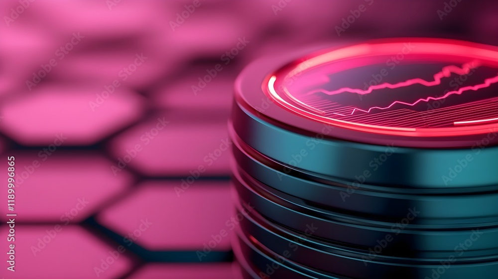 Poster modern abstract stacked coins with digital graph on neon background