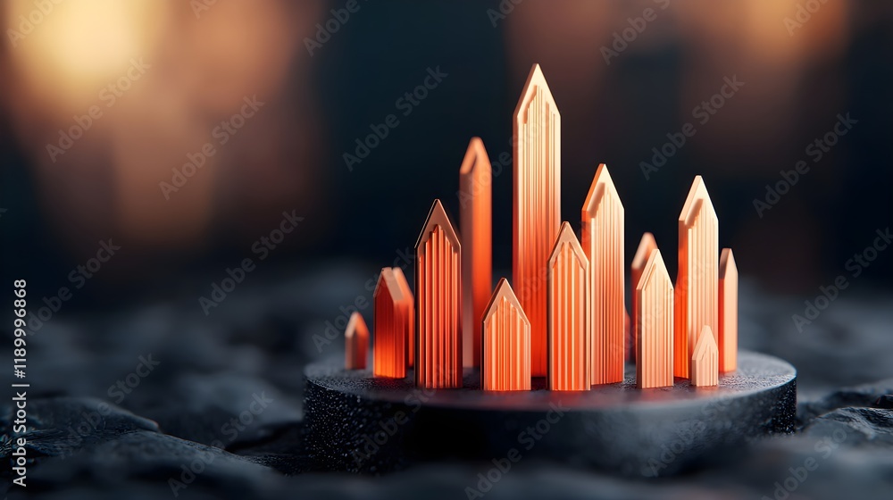 Poster abstract digital representation of growth with sharp orange peaks on base