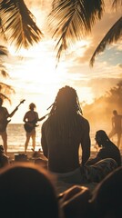 Fototapeta premium Silhouette of Relaxed Man Enjoying Beach Music Performance at Sunset