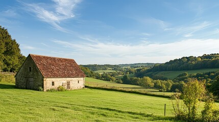 Obraz premium Serene Landscape with Rustic Barn Surrounded by Rolling Hills