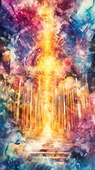 Naklejka premium A vibrant watercolor of the Book of Revelation, showing the heavenly city with golden gates, shining streets, and divine light radiating in a celestial glow. 
